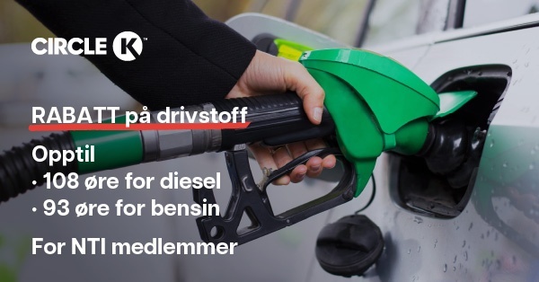 RABATT på drivstoff. Opptil 108 øre for diesel, 93 øre for bensin. For NTI medlemmer.